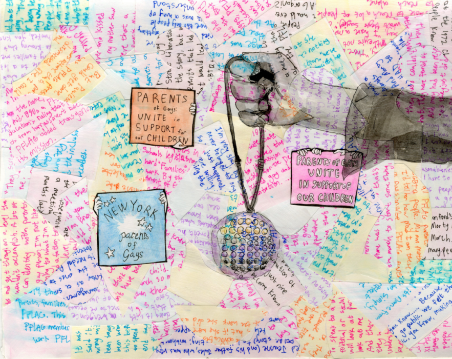 A collage; a background with many segments of handwritten words with an ink drawing of a hand holding a charm on top.